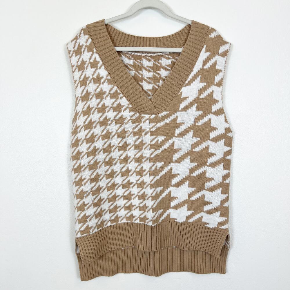 Houndstooth V-Neck Pullover Sweater Vest White & Tan Women's Small
